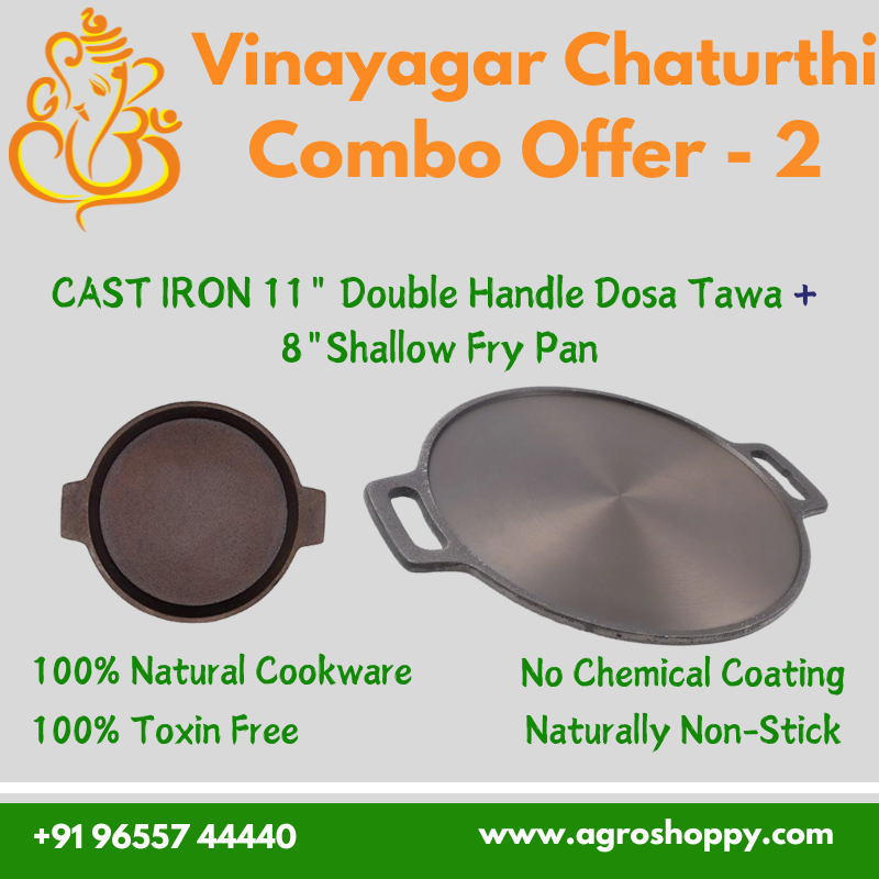 Cast Iron Double Handle Dosa Tawa 12 Inch +  Shallow Fish Fry Pan 8 Inch AG Combo-2